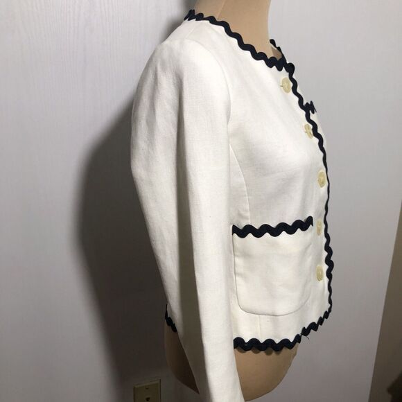 J Crew Linen Jacket Womens 2 White Blue Blazer Ric Rac Trim Career Office - Picture 7 of 15